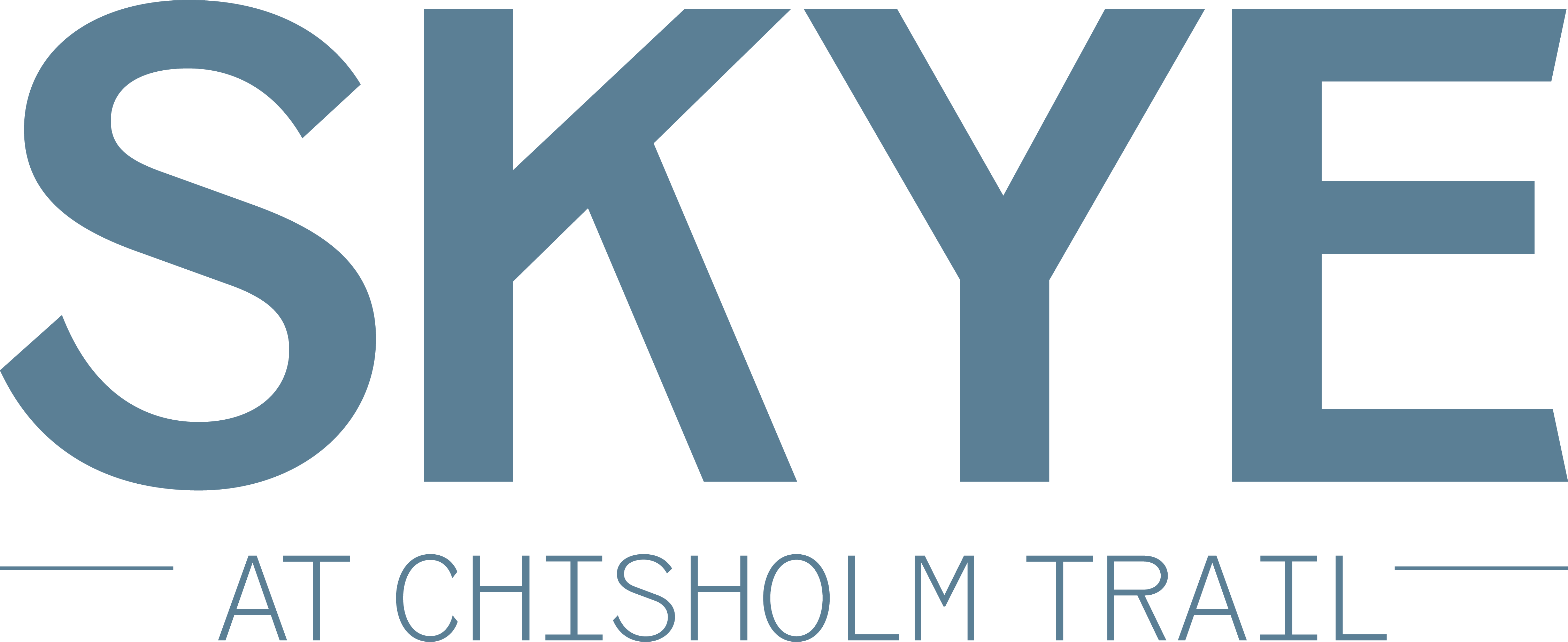 A blue and black sign that says "SKYE at Chisholm Trail".